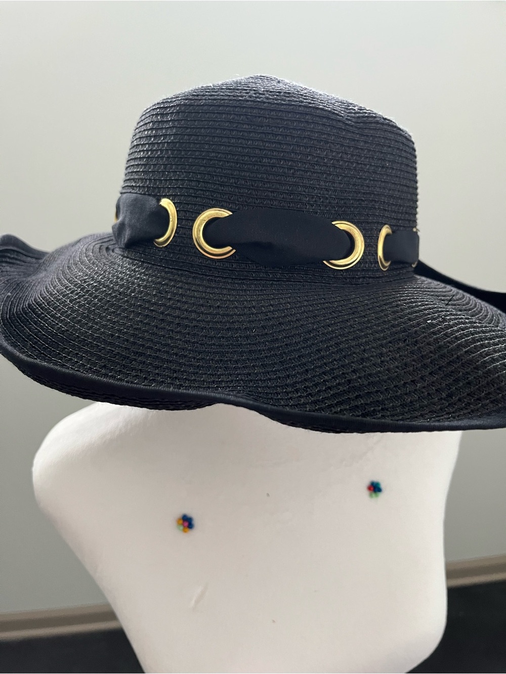 Black Wide-Brim Sun Hat with Gold Accent Trim